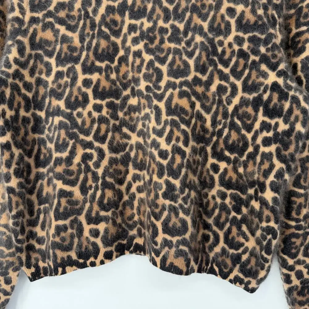 J. Crew 100% Cashmere Shrunken Brushed Crewneck Sweater Leopard Print Fuzzy